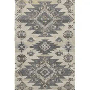 Photo of Beige Charcoal And Gray Tribal Washable Area Rug With UV Protection