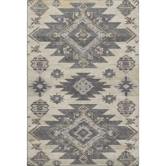 Beige Charcoal And Gray Tribal Washable Area Rug With UV Protection Photo 1