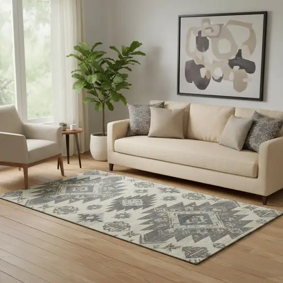 Beige Charcoal And Gray Tribal Washable Area Rug With UV Protection Photo 2