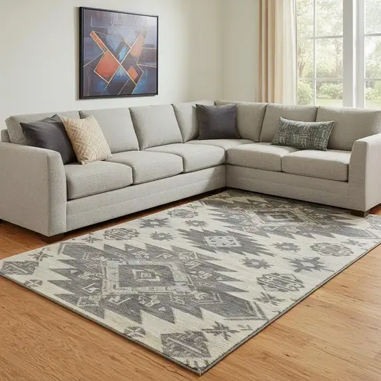 Beige Charcoal And Gray Tribal Washable Area Rug With UV Protection Photo 2