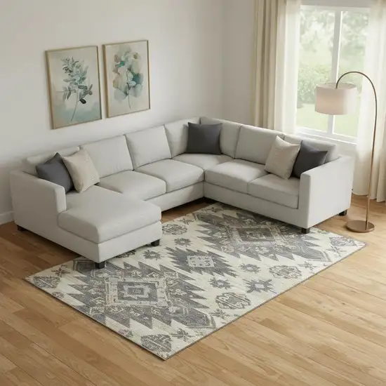 Beige Charcoal And Gray Tribal Washable Area Rug With UV Protection Photo 2