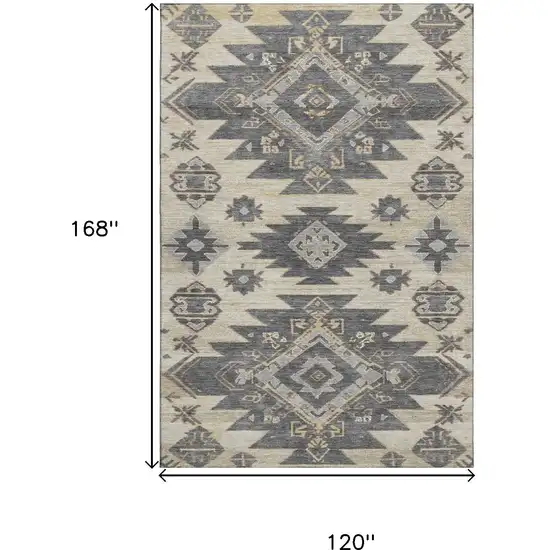 Beige Charcoal And Gray Tribal Washable Area Rug With UV Protection Photo 9