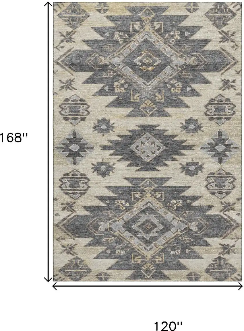 Beige Charcoal And Gray Tribal Washable Area Rug With UV Protection Photo 9