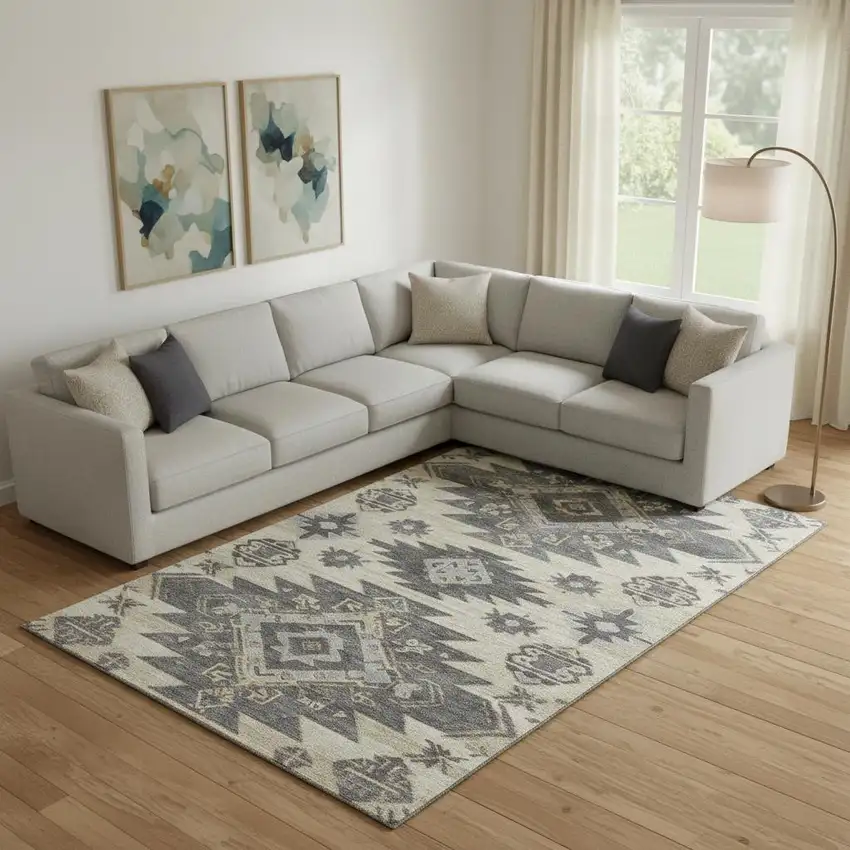 Beige Charcoal And Gray Tribal Washable Area Rug With UV Protection Photo 2