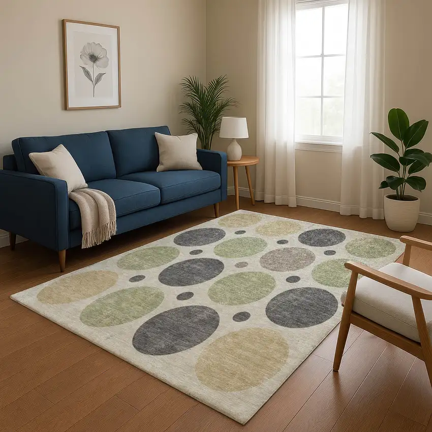 Beige Charcoal And Green Geometric Washable Area Rug With UV Protection Photo 5