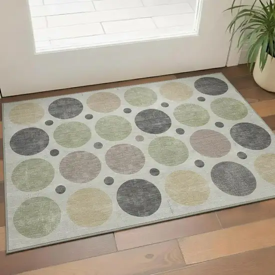 Beige Charcoal And Green Geometric Washable Area Rug With UV Protection Photo 2