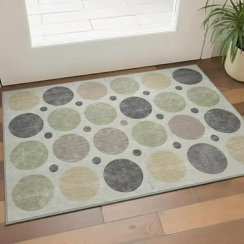 Beige Charcoal And Green Geometric Washable Area Rug With UV Protection Photo 2