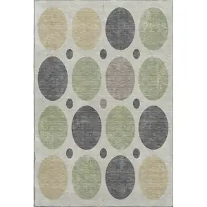 Photo of Beige Charcoal And Green Geometric Washable Area Rug With UV Protection