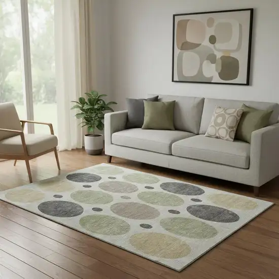 Beige Charcoal And Green Geometric Washable Area Rug With UV Protection Photo 2