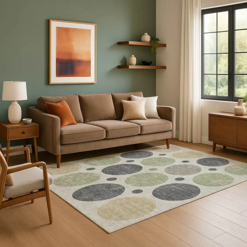 Beige Charcoal And Green Geometric Washable Area Rug With UV Protection Photo 6