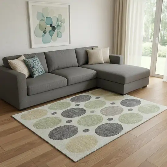 Beige Charcoal And Green Geometric Washable Area Rug With UV Protection Photo 2