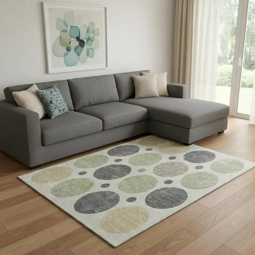 Beige Charcoal And Green Geometric Washable Area Rug With UV Protection Photo 2