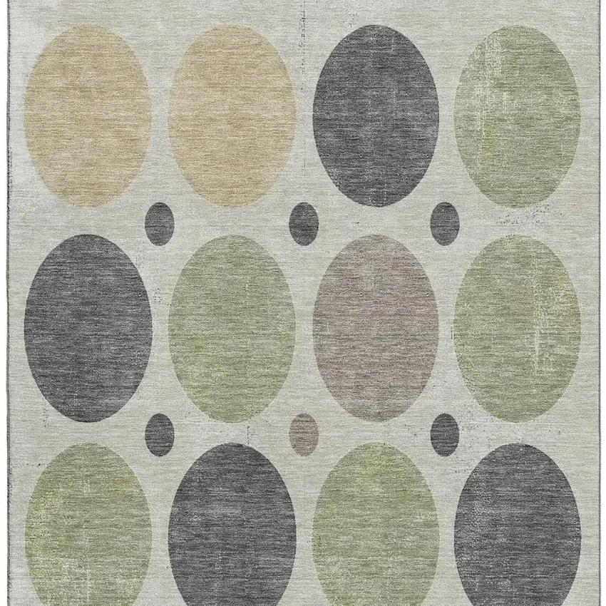 Beige Charcoal And Green Geometric Washable Area Rug With UV Protection Photo 4
