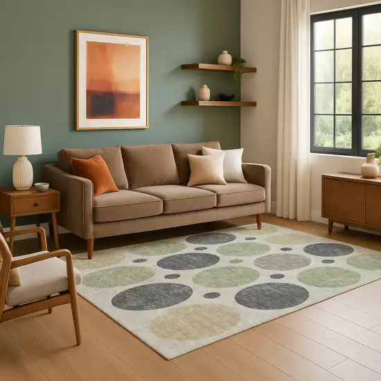 Beige Charcoal And Green Geometric Washable Area Rug With UV Protection Photo 6