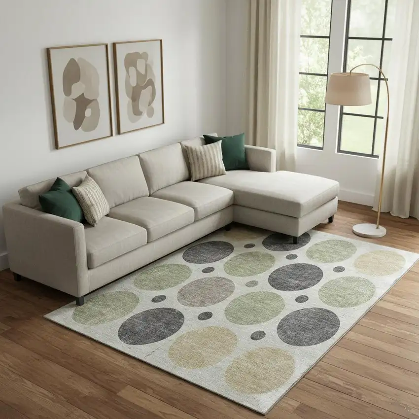 Beige Charcoal And Green Geometric Washable Area Rug With UV Protection Photo 2