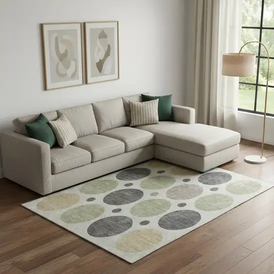 Beige Charcoal And Green Geometric Washable Area Rug With UV Protection Photo 2