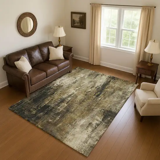 Beige Charcoal And Ivory Abstract Washable Area Rug With UV Protection Photo 2