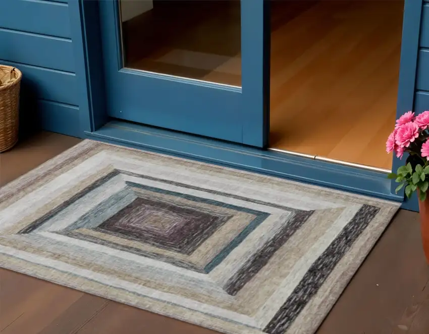 Beige Charcoal And Ivory Geometric Washable Indoor Outdoor Area Rug Photo 2