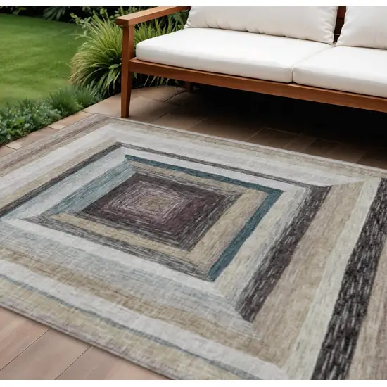 Beige Charcoal And Ivory Geometric Washable Indoor Outdoor Area Rug Photo 2