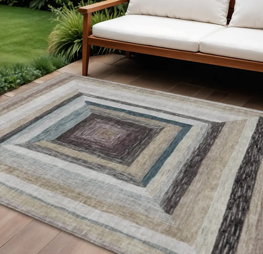 Beige Charcoal And Ivory Geometric Washable Indoor Outdoor Area Rug Photo 2