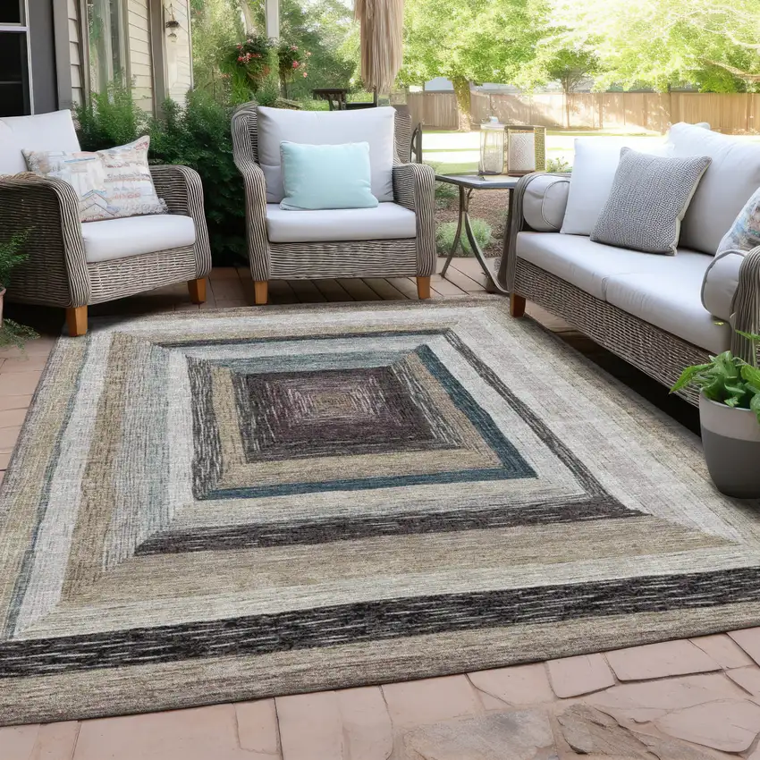 Beige Charcoal And Ivory Geometric Washable Indoor Outdoor Area Rug Photo 7