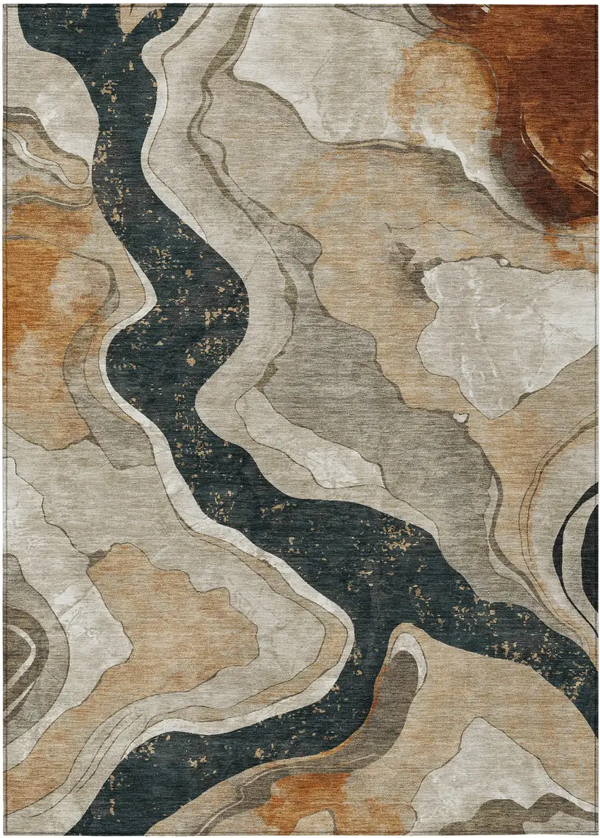 Beige Charcoal And Rust Abstract Washable Indoor Outdoor Area Rug Photo 3