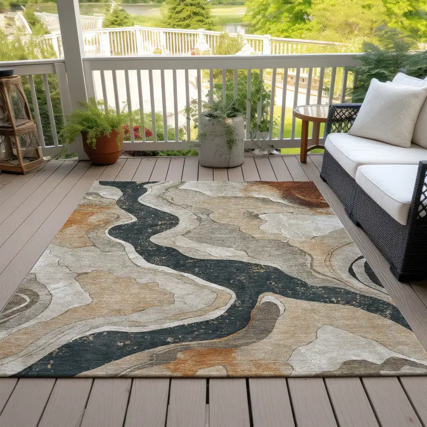 Beige Charcoal And Rust Abstract Washable Indoor Outdoor Area Rug Photo 8