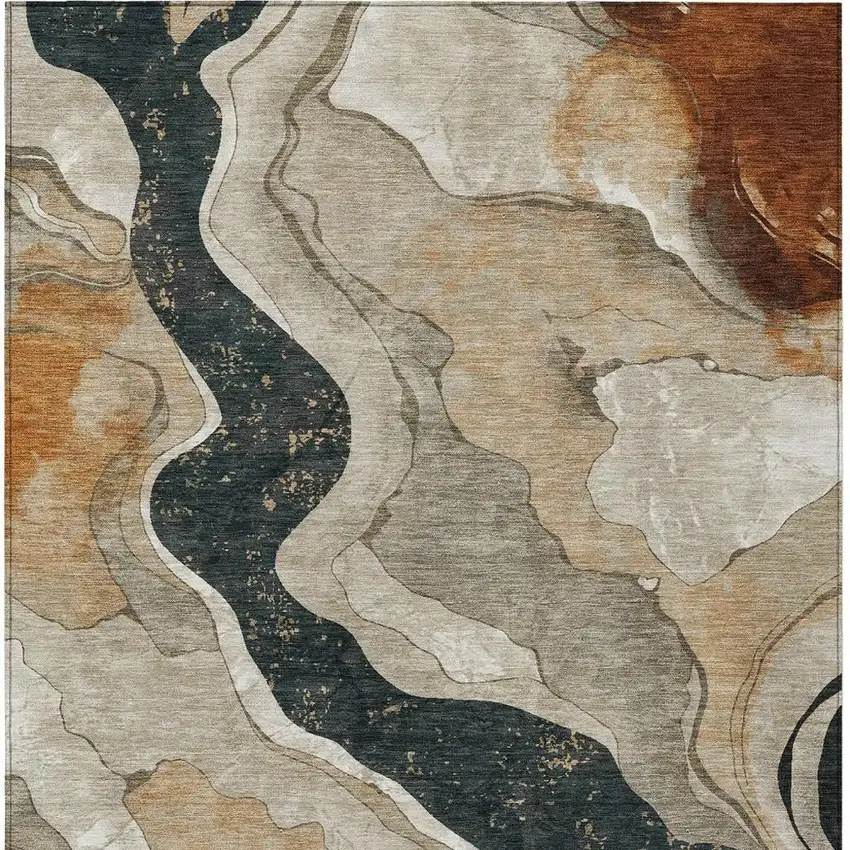 Beige Charcoal And Rust Abstract Washable Indoor Outdoor Area Rug Photo 4