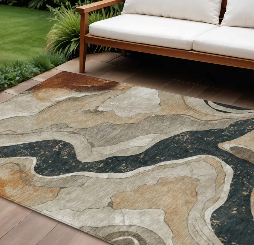 Beige Charcoal And Rust Abstract Washable Indoor Outdoor Area Rug Photo 2