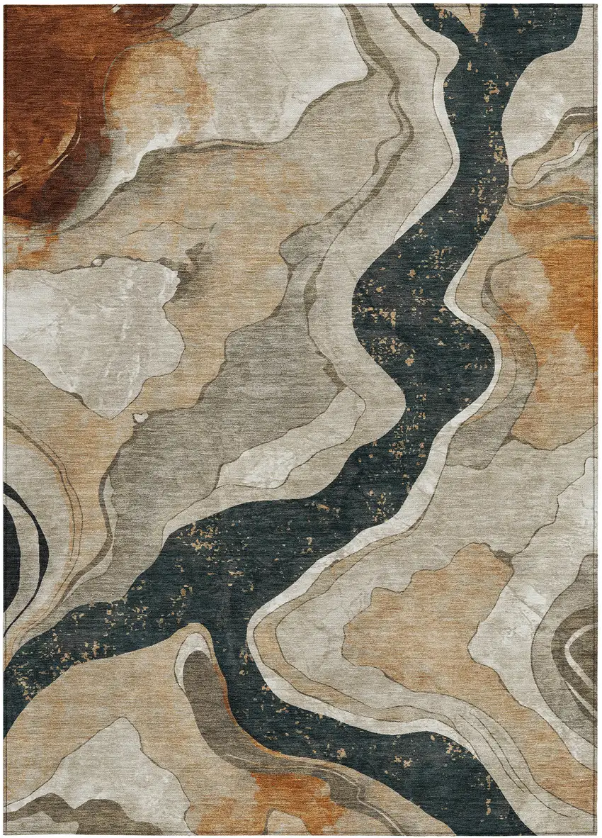 Beige Charcoal And Rust Abstract Washable Indoor Outdoor Area Rug Photo 3