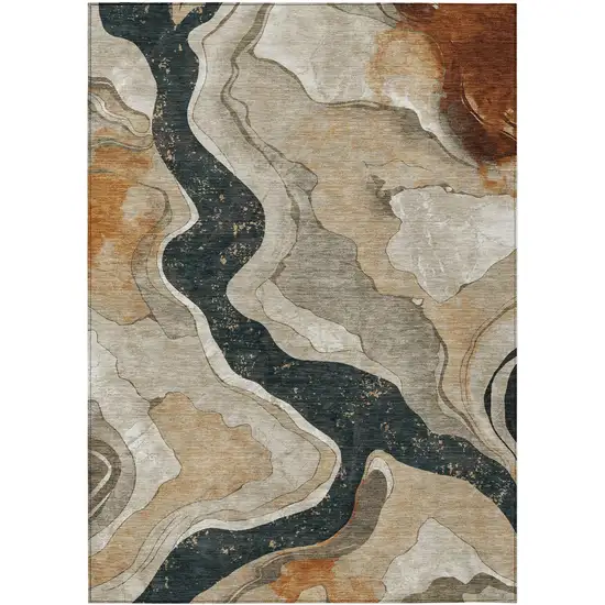 Beige Charcoal And Rust Abstract Washable Indoor Outdoor Area Rug Photo 1