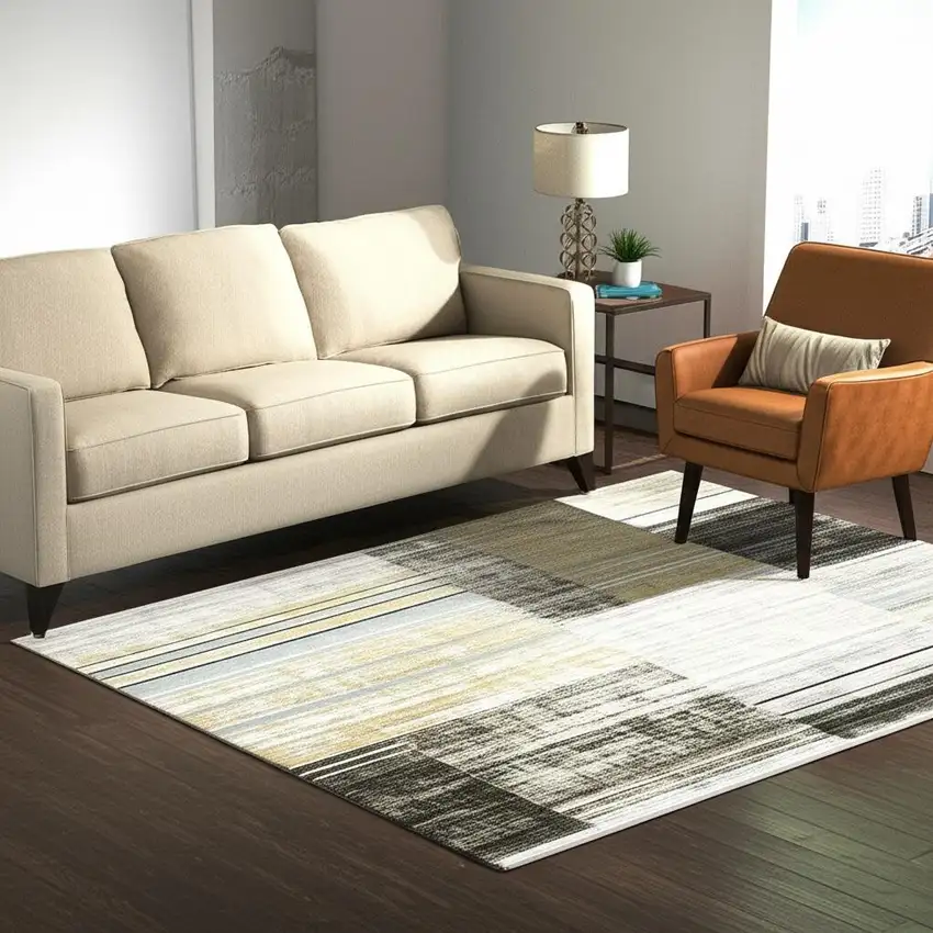 Beige Charcoal Brown Grey Tan Gold And Blue Geometric Power Loom Stain Resistant Area Rug With Fringe Photo 1