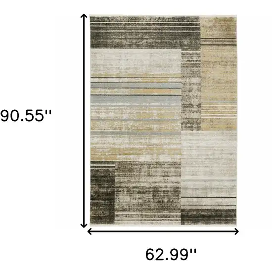 Beige Charcoal Brown Grey Tan Gold And Blue Geometric Power Loom Stain Resistant Area Rug With Fringe Photo 3