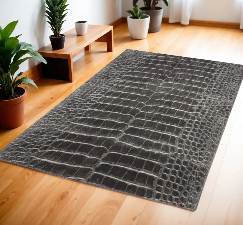 Beige Charcoal and Cream Animal Print Distressed Area Rug Photo 2