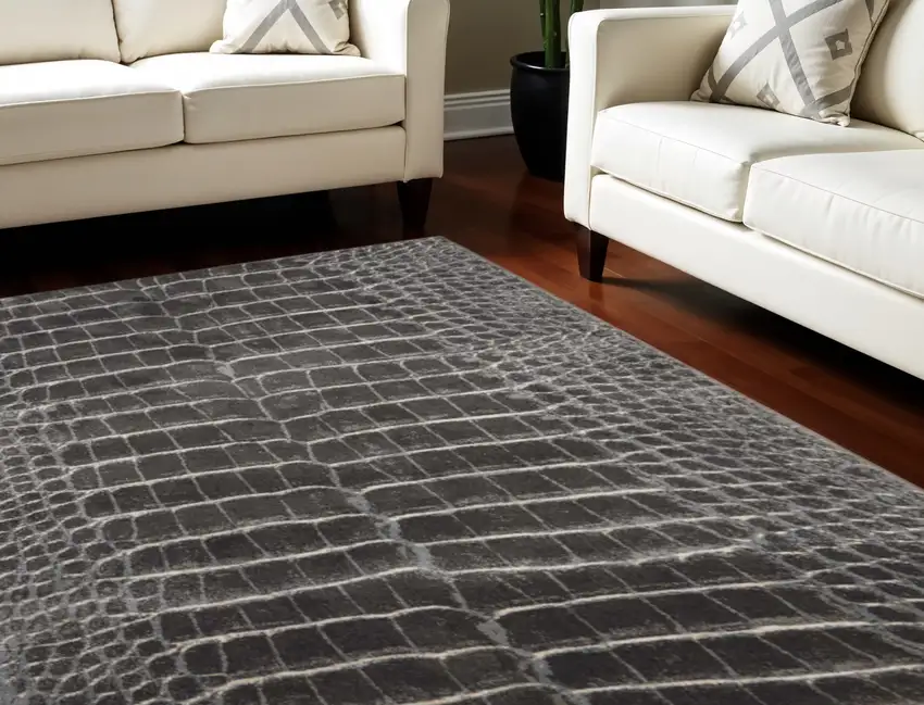 Beige Charcoal and Cream Animal Print Distressed Non Skid Area Rug Photo 2