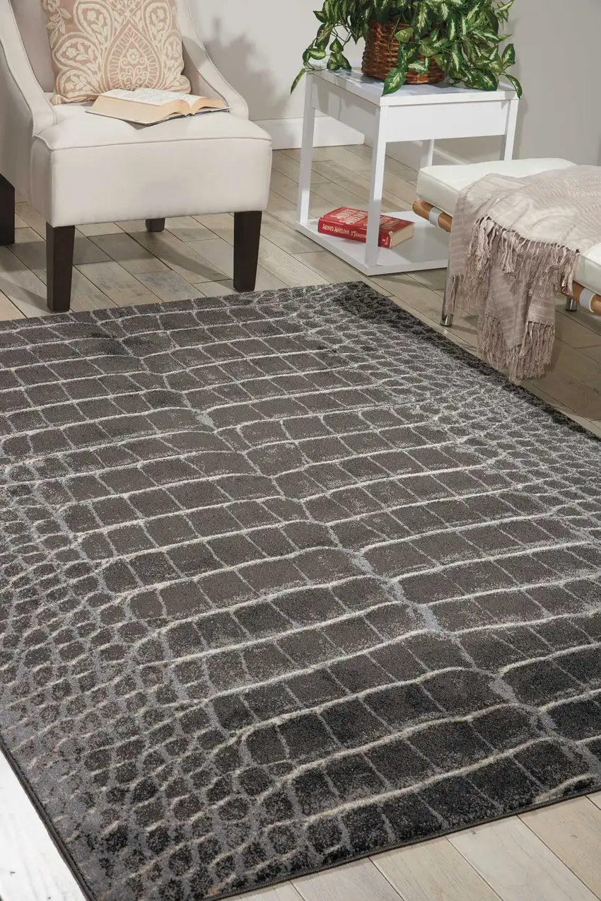 Beige Charcoal and Cream Animal Print Distressed Non Skid Area Rug Photo 6