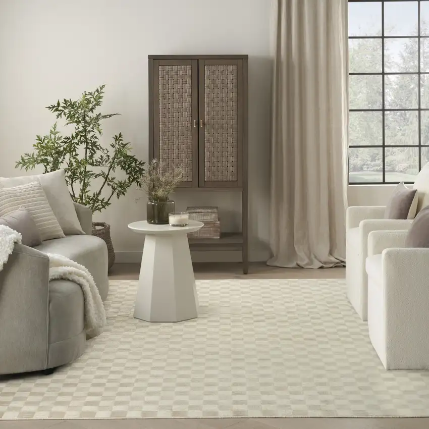 Beige Checkered Area Rug Photo 5