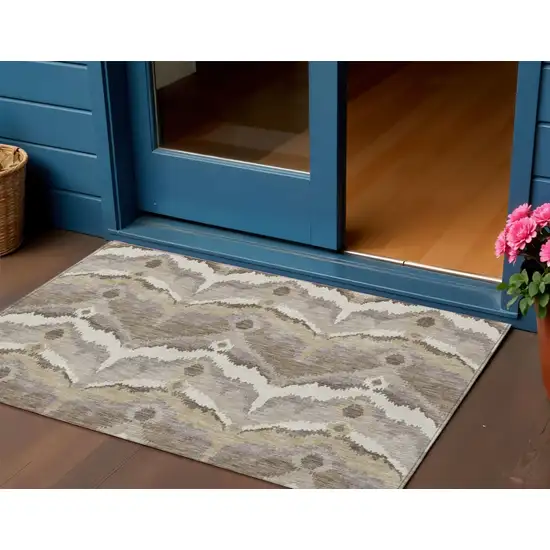 Beige Chocolate And Taupe Ikat Washable Indoor Outdoor Area Rug Photo 1