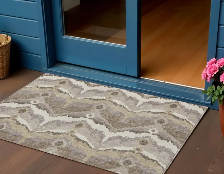 Beige Chocolate And Taupe Ikat Washable Indoor Outdoor Area Rug Photo 1