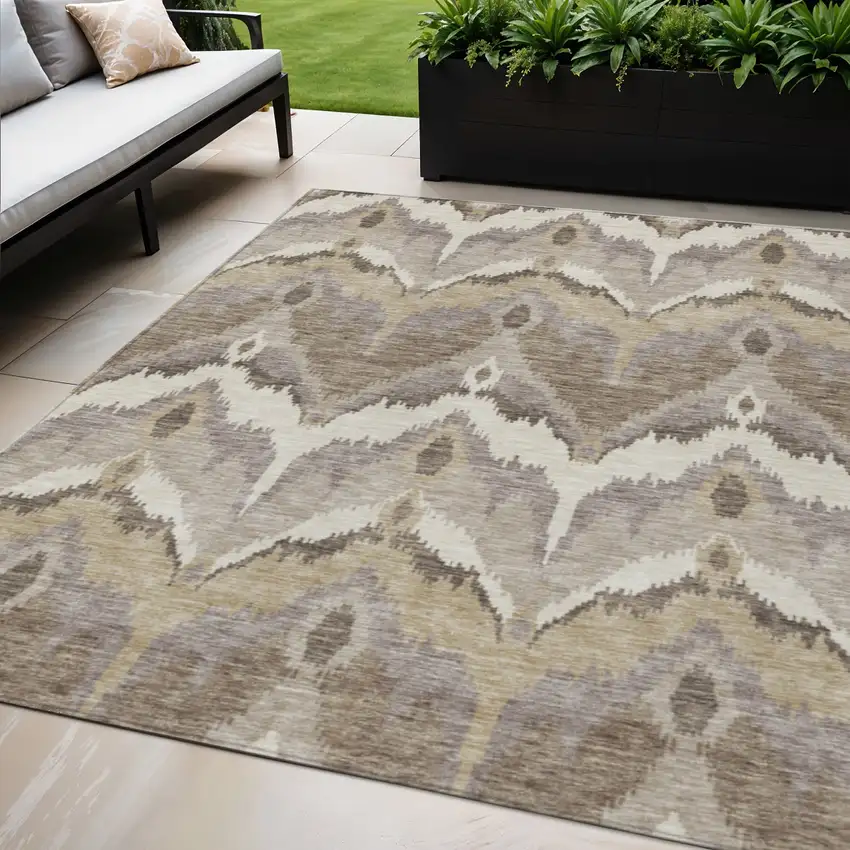 Beige Chocolate And Taupe Ikat Washable Indoor Outdoor Area Rug Photo 1