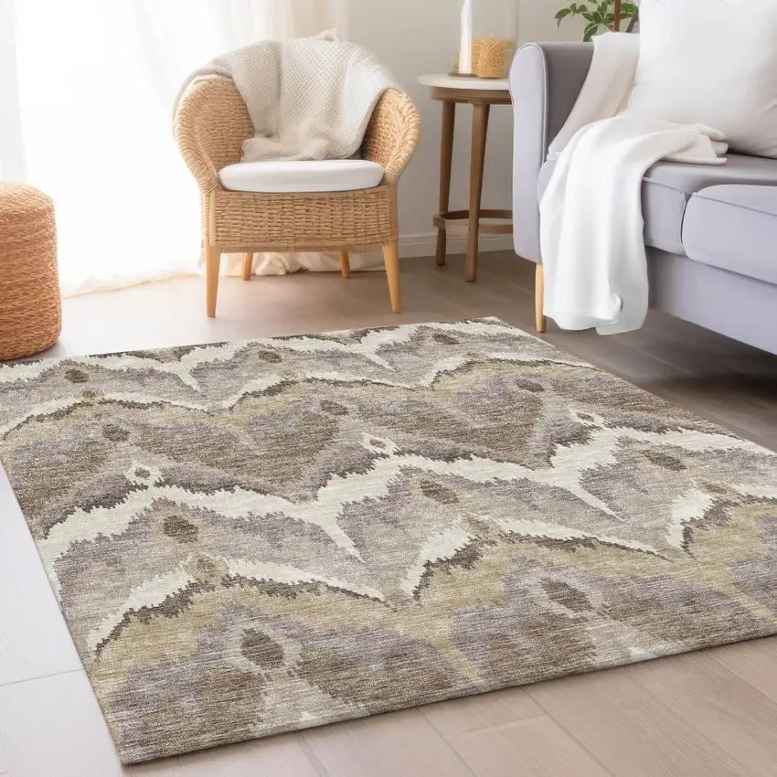 Beige Chocolate And Taupe Ikat Washable Indoor Outdoor Area Rug Photo 9