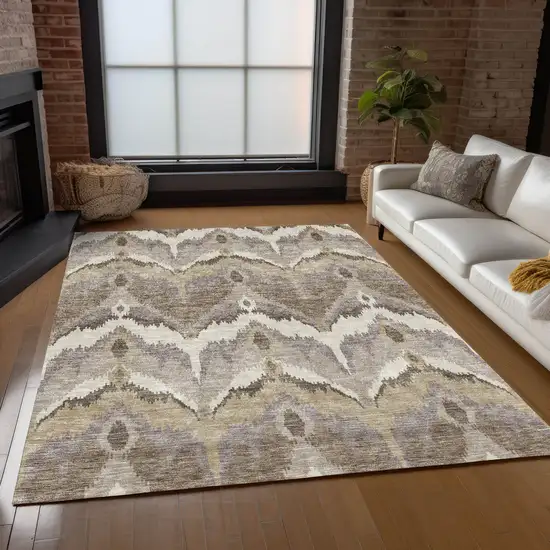 Beige Chocolate And Taupe Ikat Washable Indoor Outdoor Area Rug Photo 9