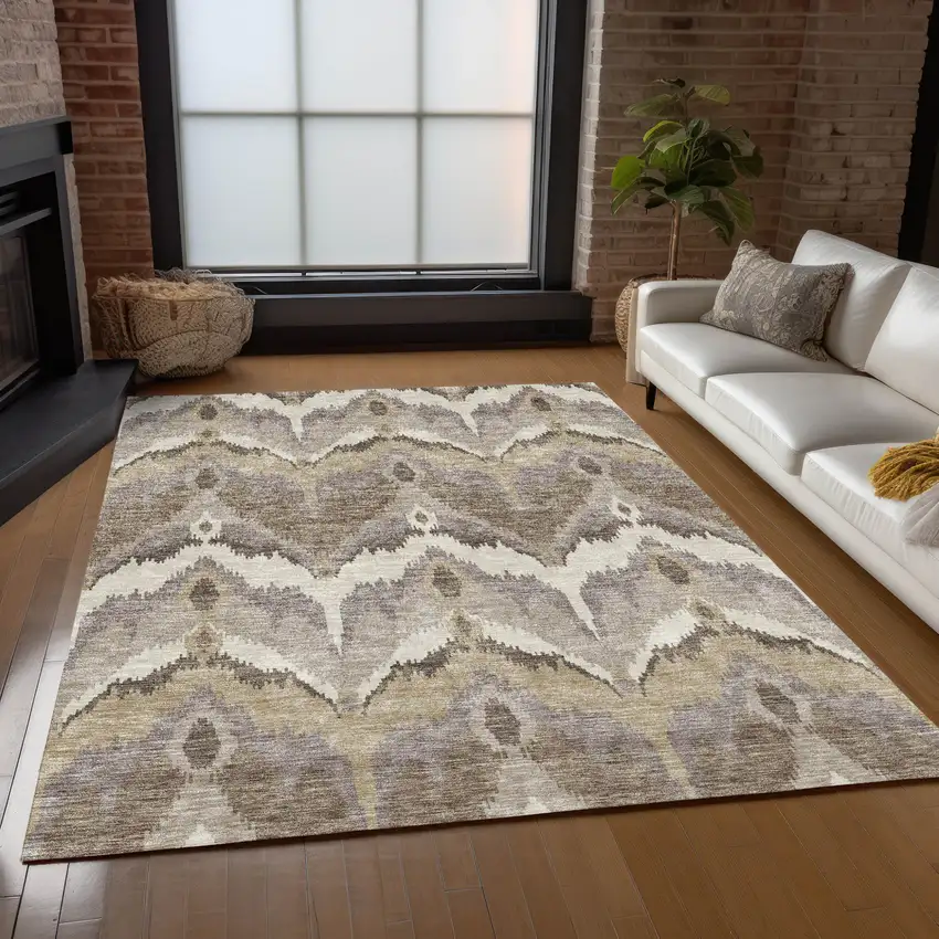 Beige Chocolate And Taupe Ikat Washable Indoor Outdoor Area Rug Photo 9