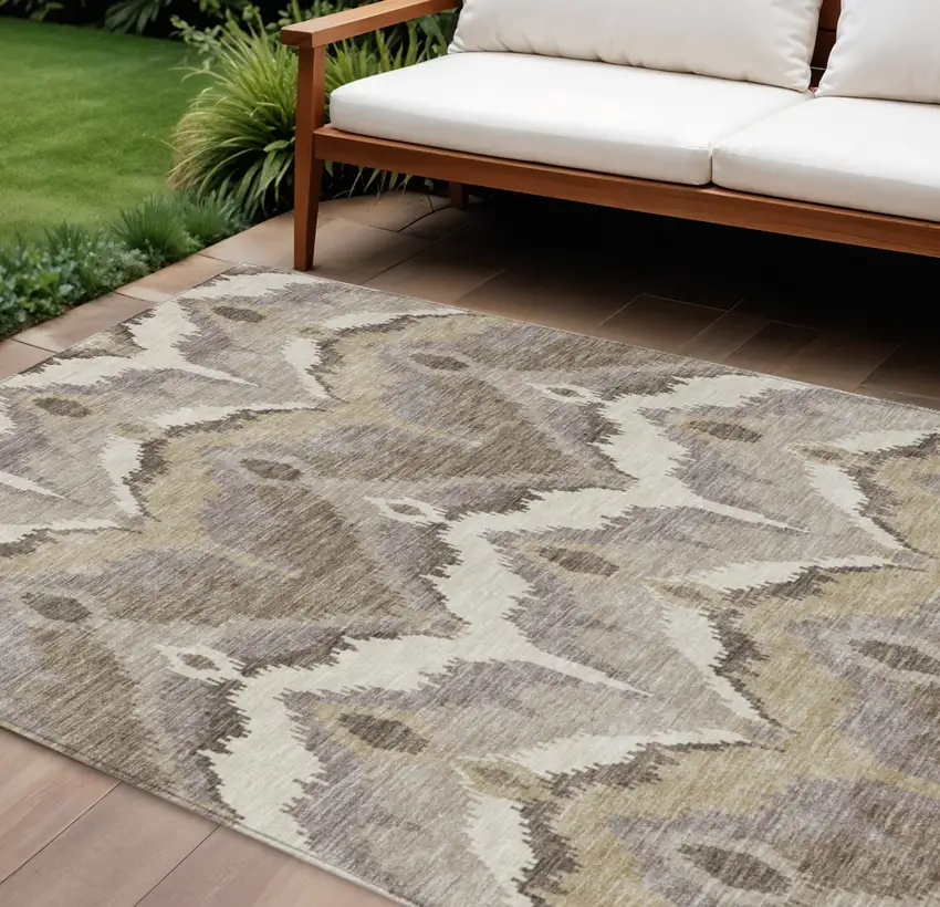 Beige Chocolate And Taupe Ikat Washable Indoor Outdoor Area Rug Photo 1