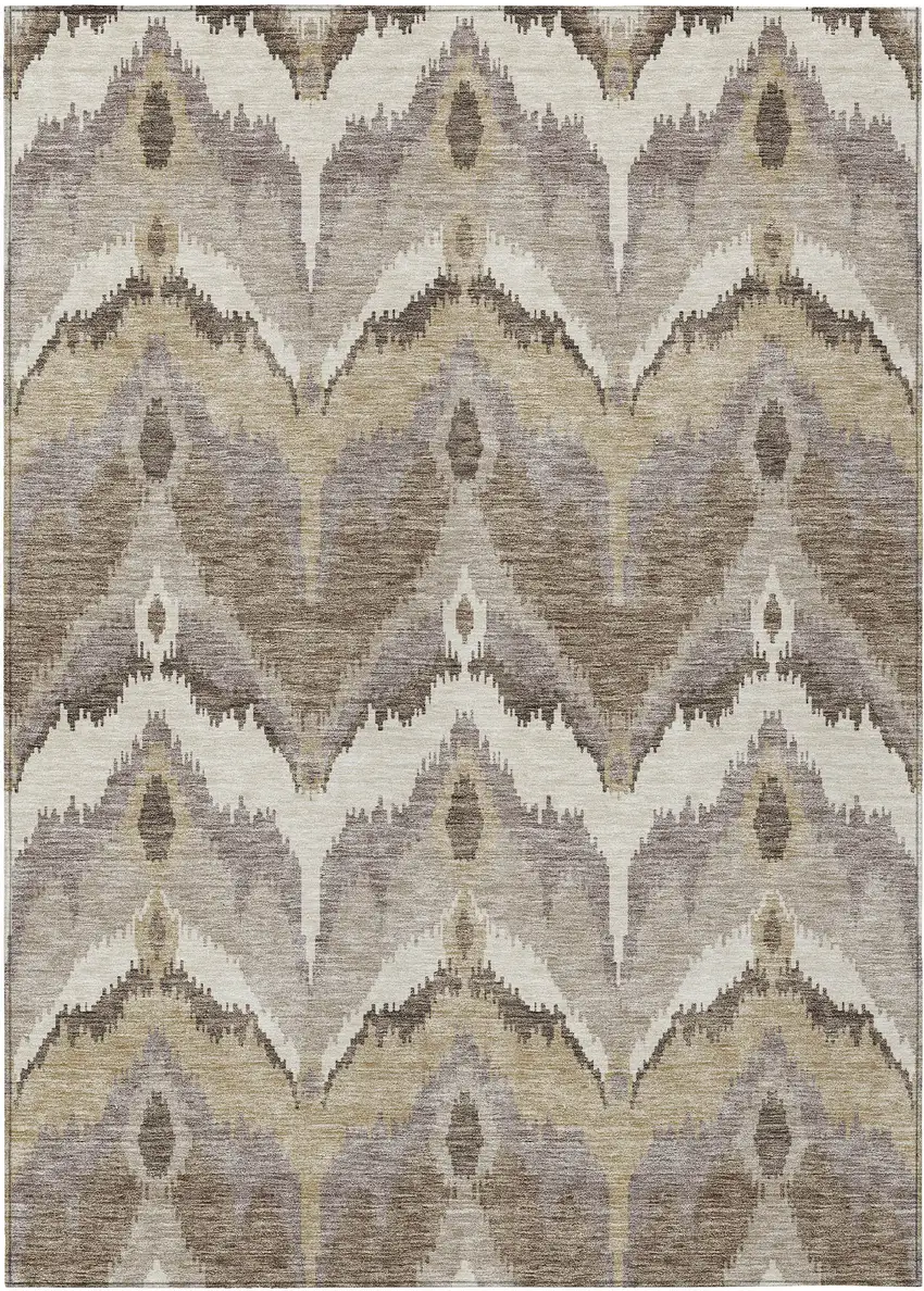 Beige Chocolate And Taupe Ikat Washable Indoor Outdoor Area Rug Photo 1