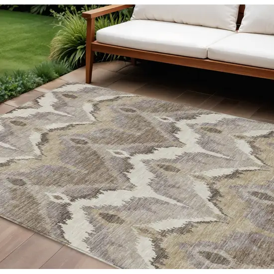 Beige Chocolate And Taupe Ikat Washable Indoor Outdoor Area Rug Photo 1