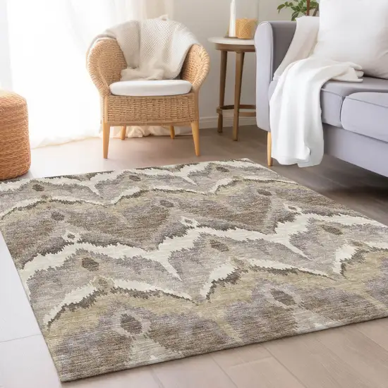 Beige Chocolate And Taupe Ikat Washable Indoor Outdoor Area Rug Photo 8