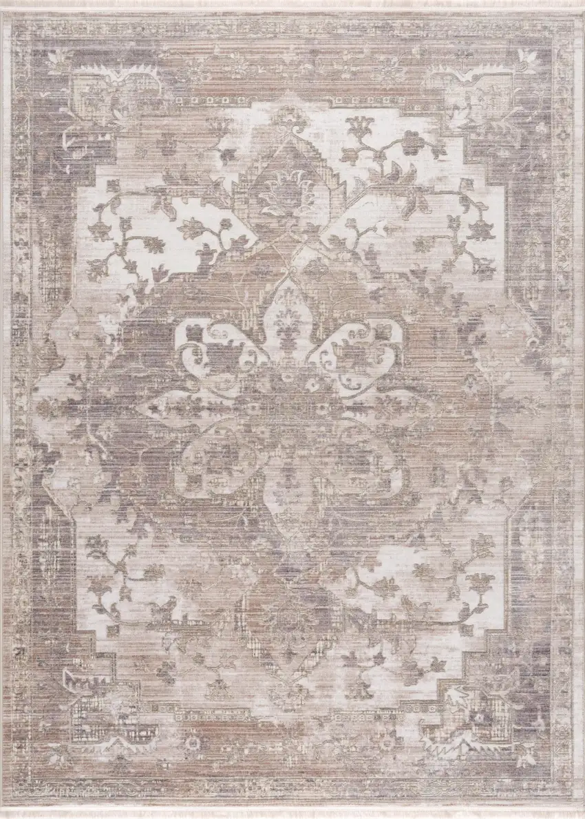 Beige and Ivory Medallion Power Loom Area Rug Photo 5
