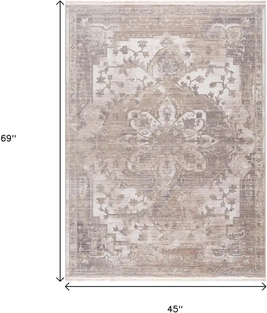 Beige and Ivory Medallion Power Loom Area Rug Photo 3
