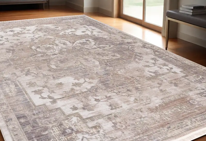 Beige and Ivory Medallion Non Skid Area Rug Photo 1